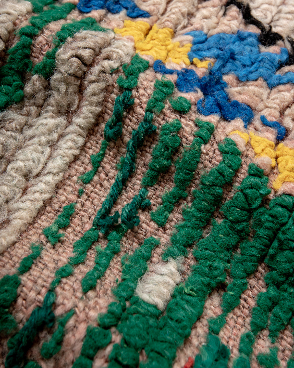 Modern, designer, handcrafted Berber rug from Morocco. Vintage carpet with beautiful colours and patterns and fluffy texture.
